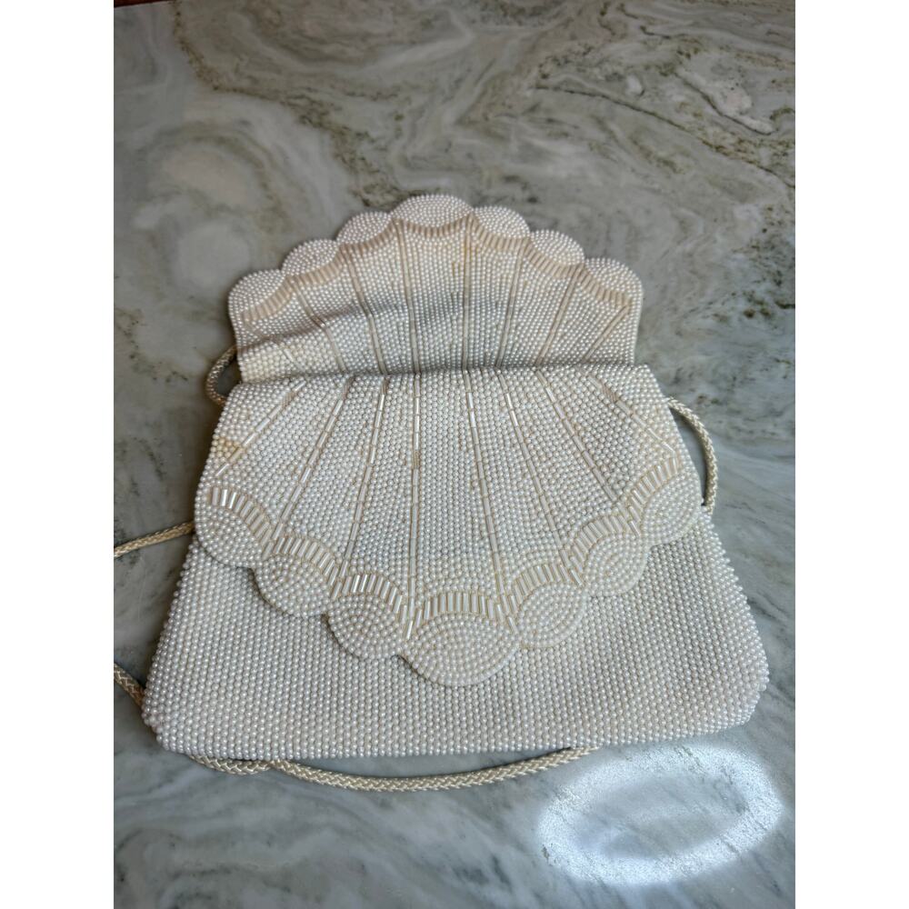 Vintage Beaded Evening Shoulder Bag White Clamshell Flap - Picture 3 of 7